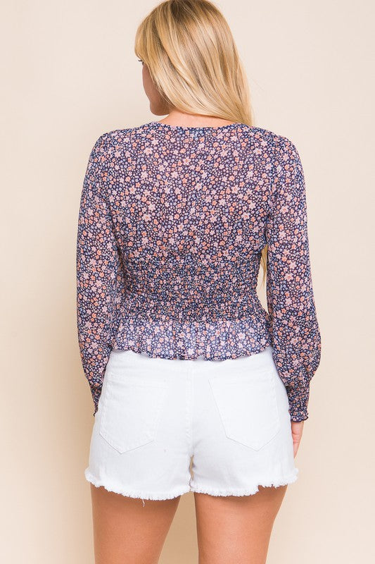 Floral Print, Long Sleeve Blouse - Navy- Hometown Style HTS, women's in store and online boutique located in Ingersoll, Ontario