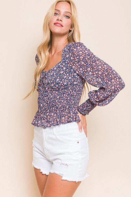 Floral Print, Long Sleeve Blouse - Navy- Hometown Style HTS, women's in store and online boutique located in Ingersoll, Ontario