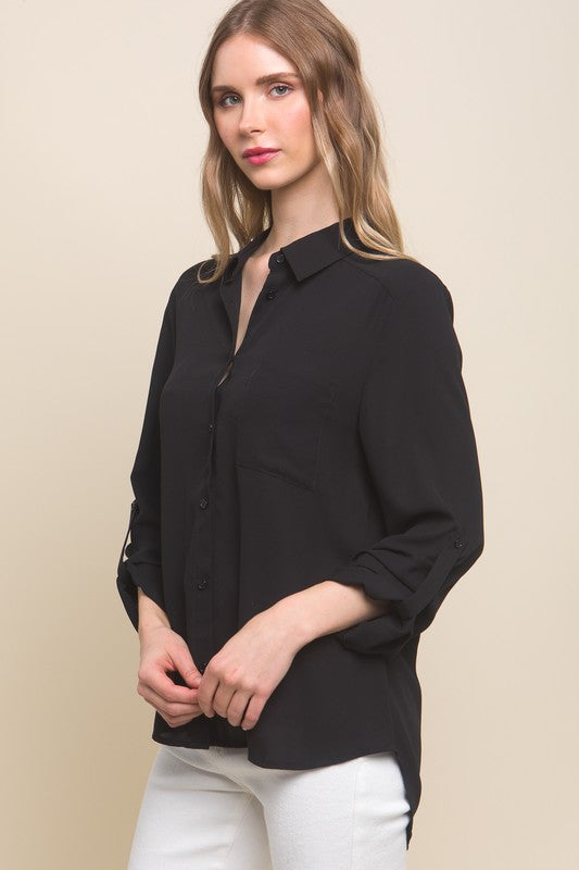 Long Sleeve, Collared Blouse - Black-blouse- Hometown Style HTS, women's in store and online boutique located in Ingersoll, Ontario