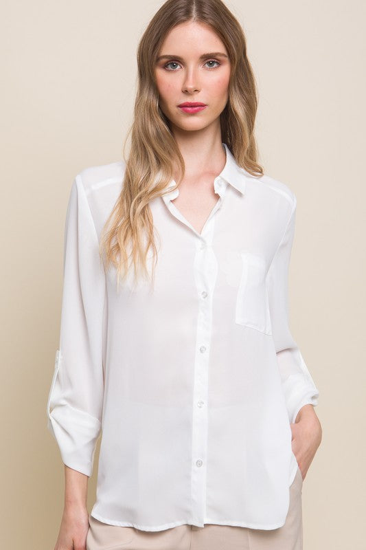 Long Sleeve, Collared Blouse - White-blouse- Hometown Style HTS, women's in store and online boutique located in Ingersoll, Ontario