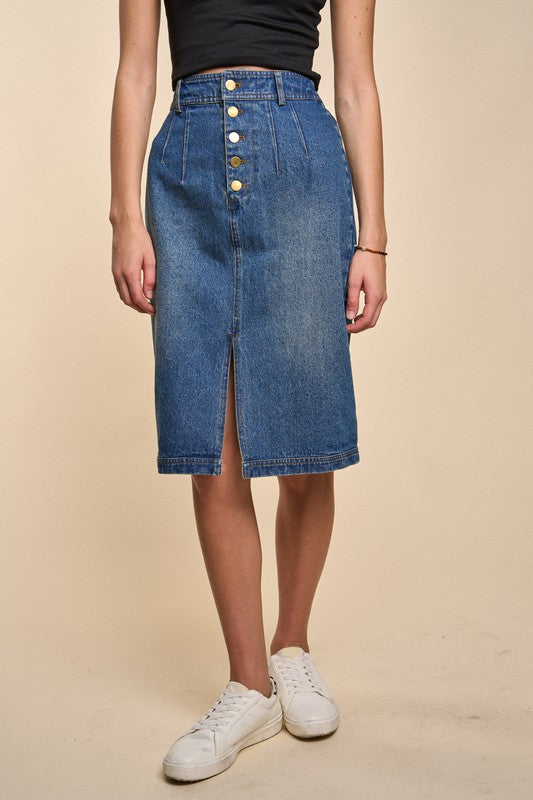 Denim, Button Down Front Midi Skirt-Skirt- Hometown Style HTS, women's in store and online boutique located in Ingersoll, Ontario