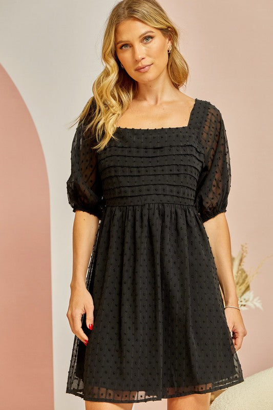 Swiss Dot, Pleated Dress - Black - EX-Dress- Hometown Style HTS, women's in store and online boutique located in Ingersoll, Ontario