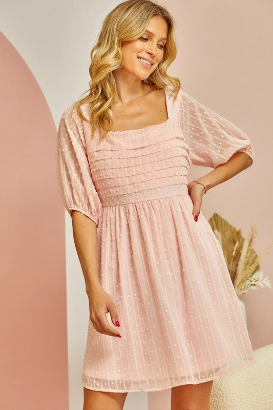 Swiss Dot, Pleated Dress - Blush-Dress- Hometown Style HTS, women's in store and online boutique located in Ingersoll, Ontario