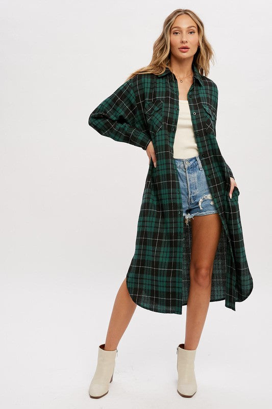Long Plaid Shirt - Green-Shirts & Tops- Hometown Style HTS, women's in store and online boutique located in Ingersoll, Ontario