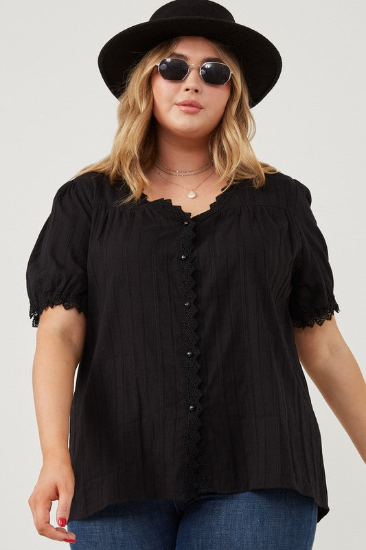 Lace Button Down Top - Black-blouse- Hometown Style HTS, women's in store and online boutique located in Ingersoll, Ontario