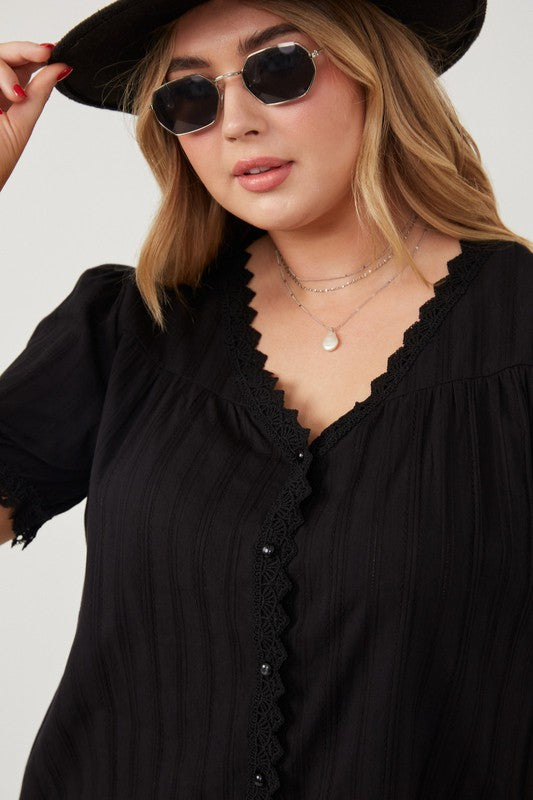 Lace Button Down Top - Black-blouse- Hometown Style HTS, women's in store and online boutique located in Ingersoll, Ontario