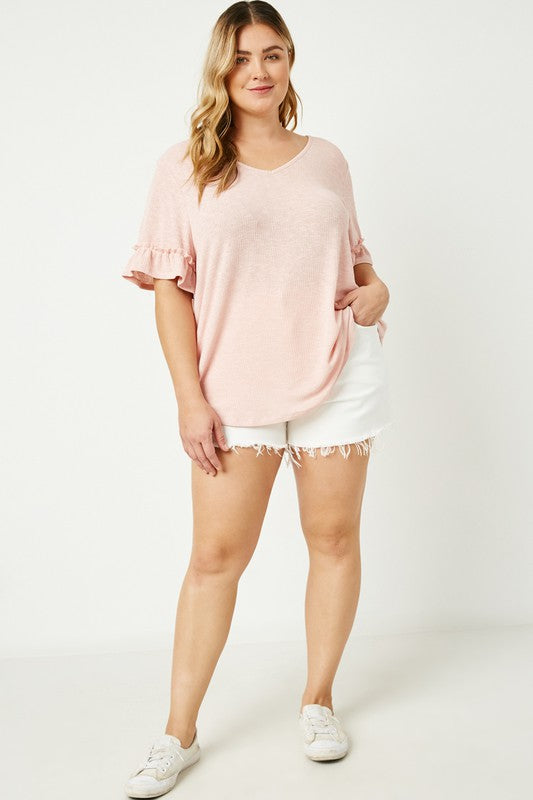 Ruffle Sleeve, Ribbed Knit Top - Pink-tee- Hometown Style HTS, women's in store and online boutique located in Ingersoll, Ontario