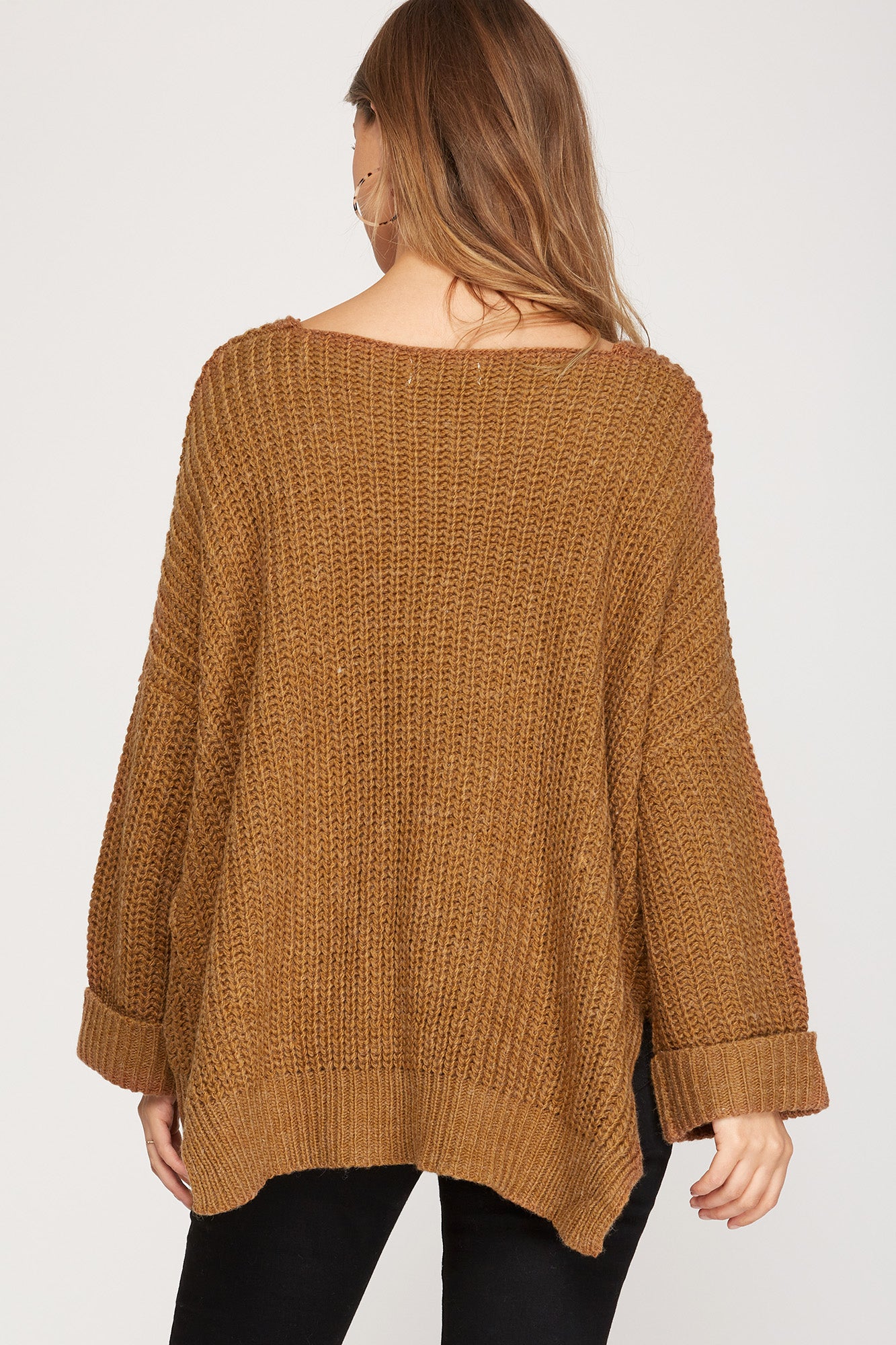 Cuff Sleeve, Hi Low Knit Sweater - Camel-Sweater- Hometown Style HTS, women's in store and online boutique located in Ingersoll, Ontario