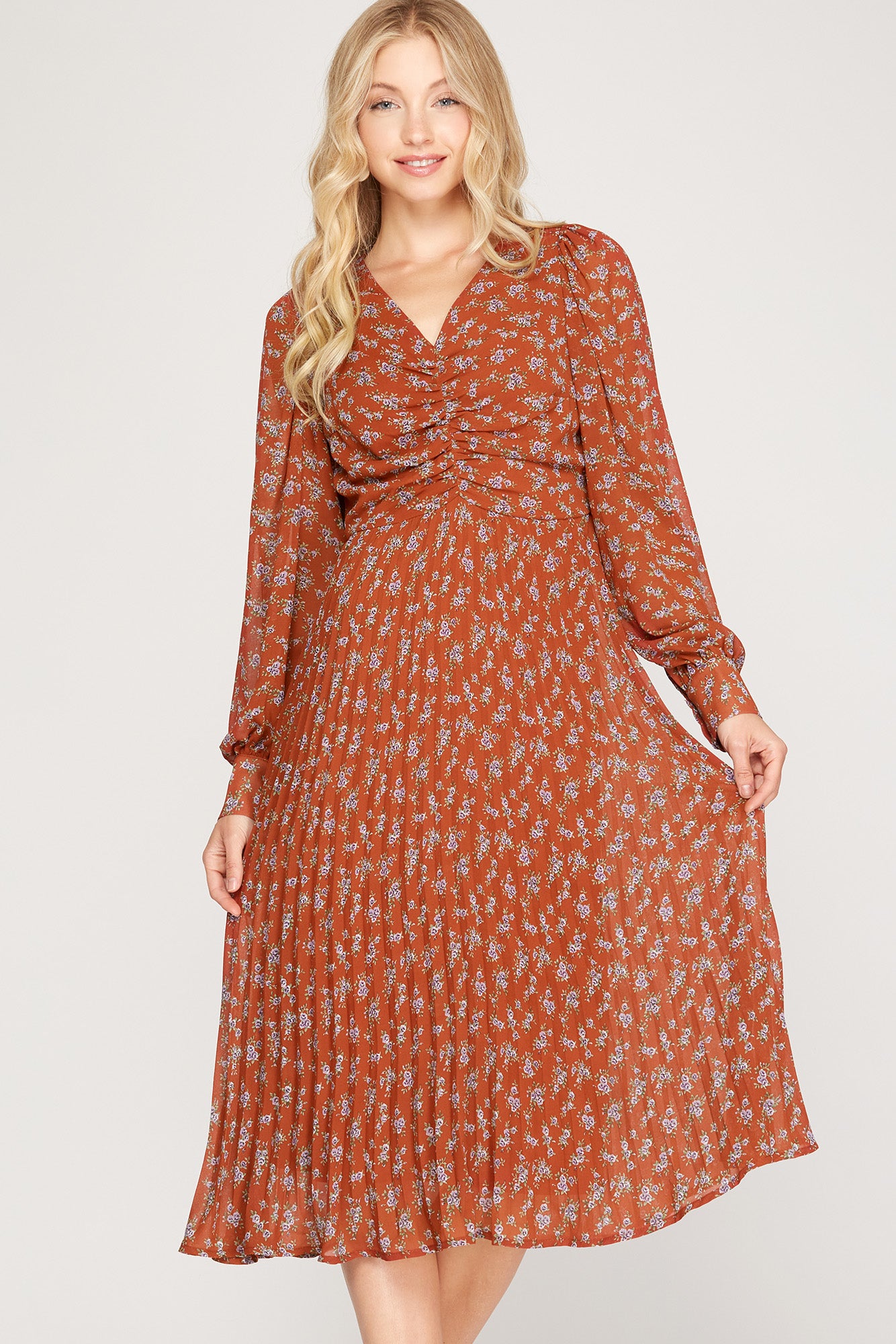 Pleated Midi Dress - Rust-Dress- Hometown Style HTS, women's in store and online boutique located in Ingersoll, Ontario