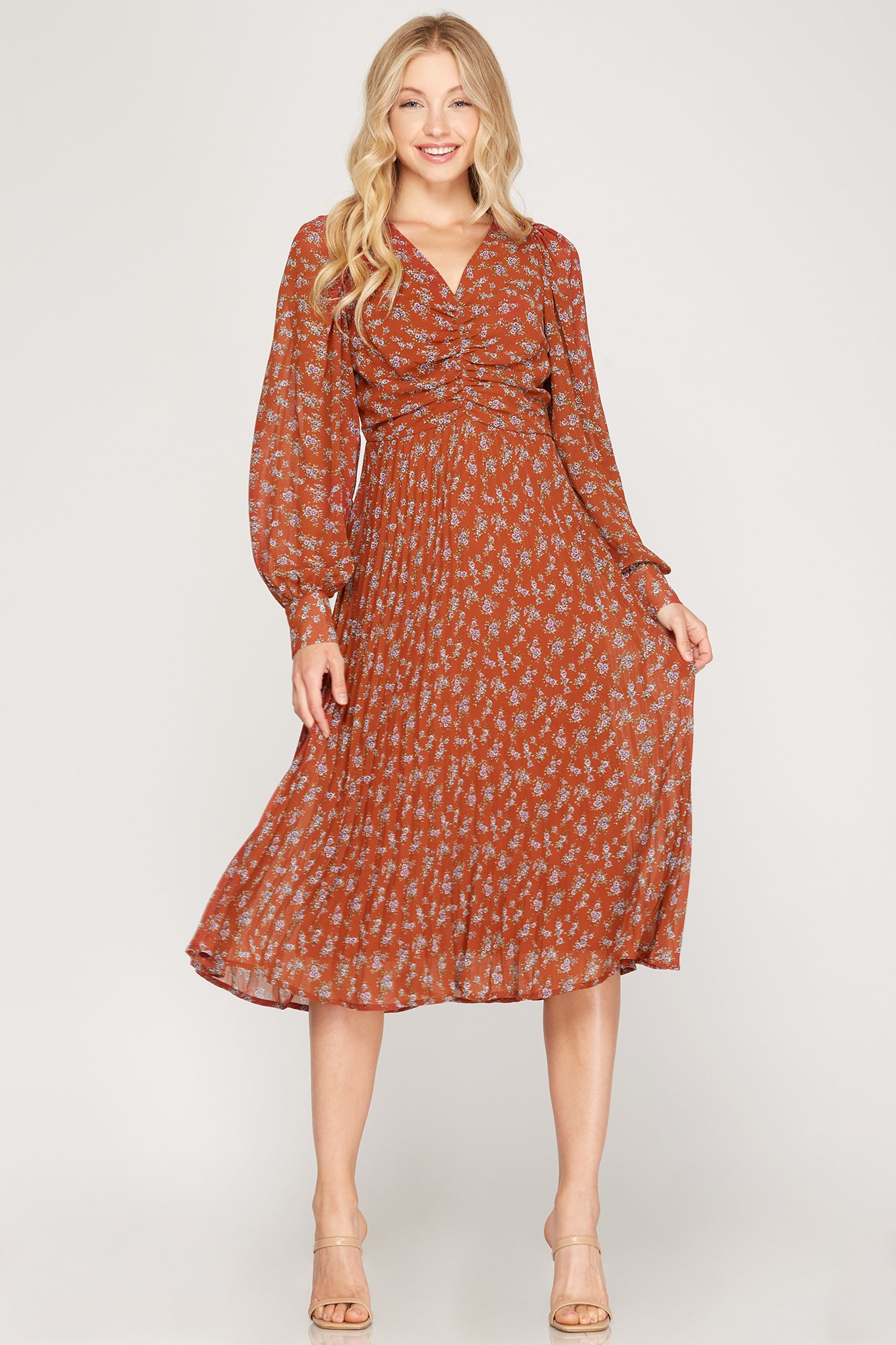Pleated Midi Dress - Rust-Dress- Hometown Style HTS, women's in store and online boutique located in Ingersoll, Ontario