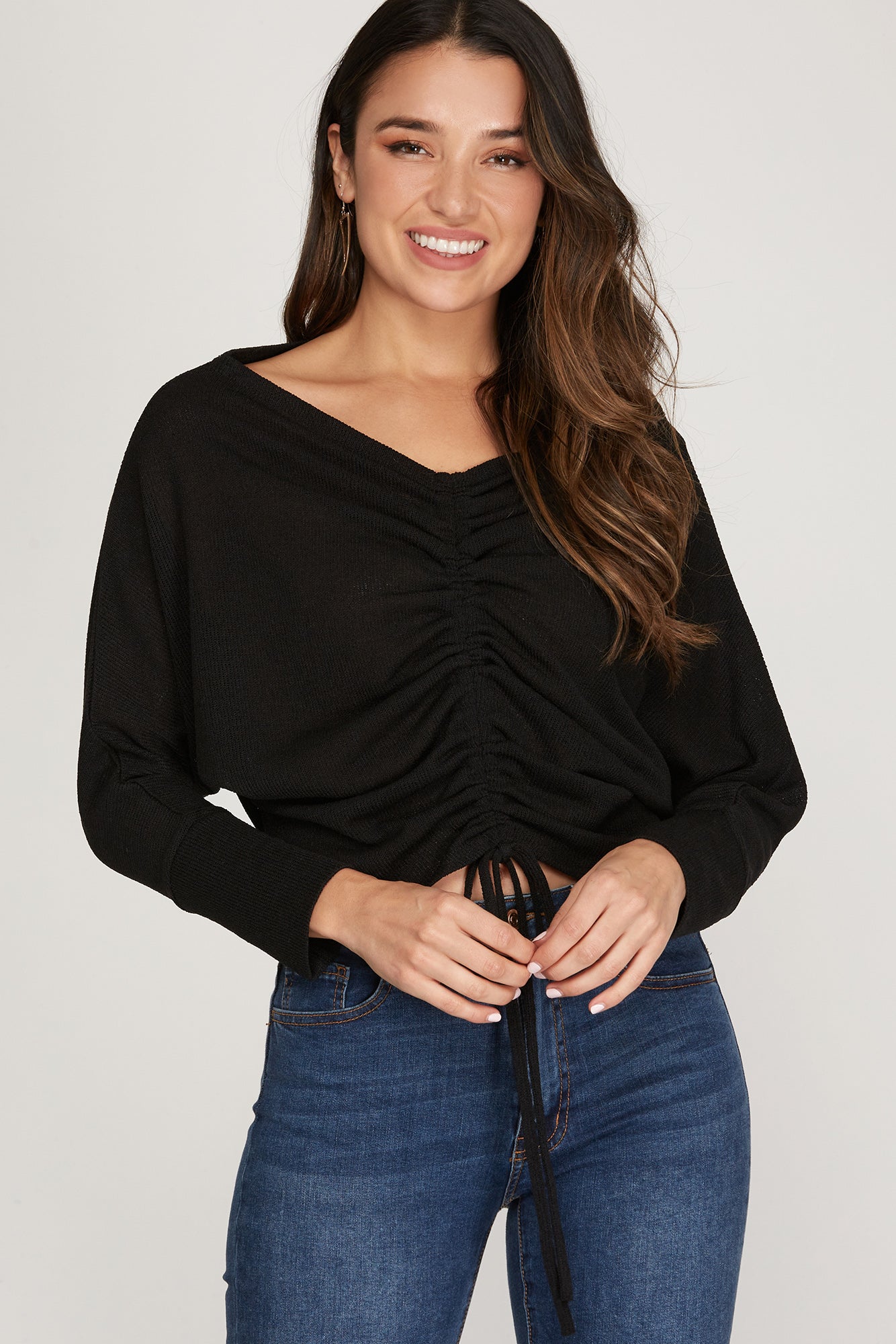 Ruched Center, Knit Top - Black-Shirts & Tops- Hometown Style HTS, women's in store and online boutique located in Ingersoll, Ontario