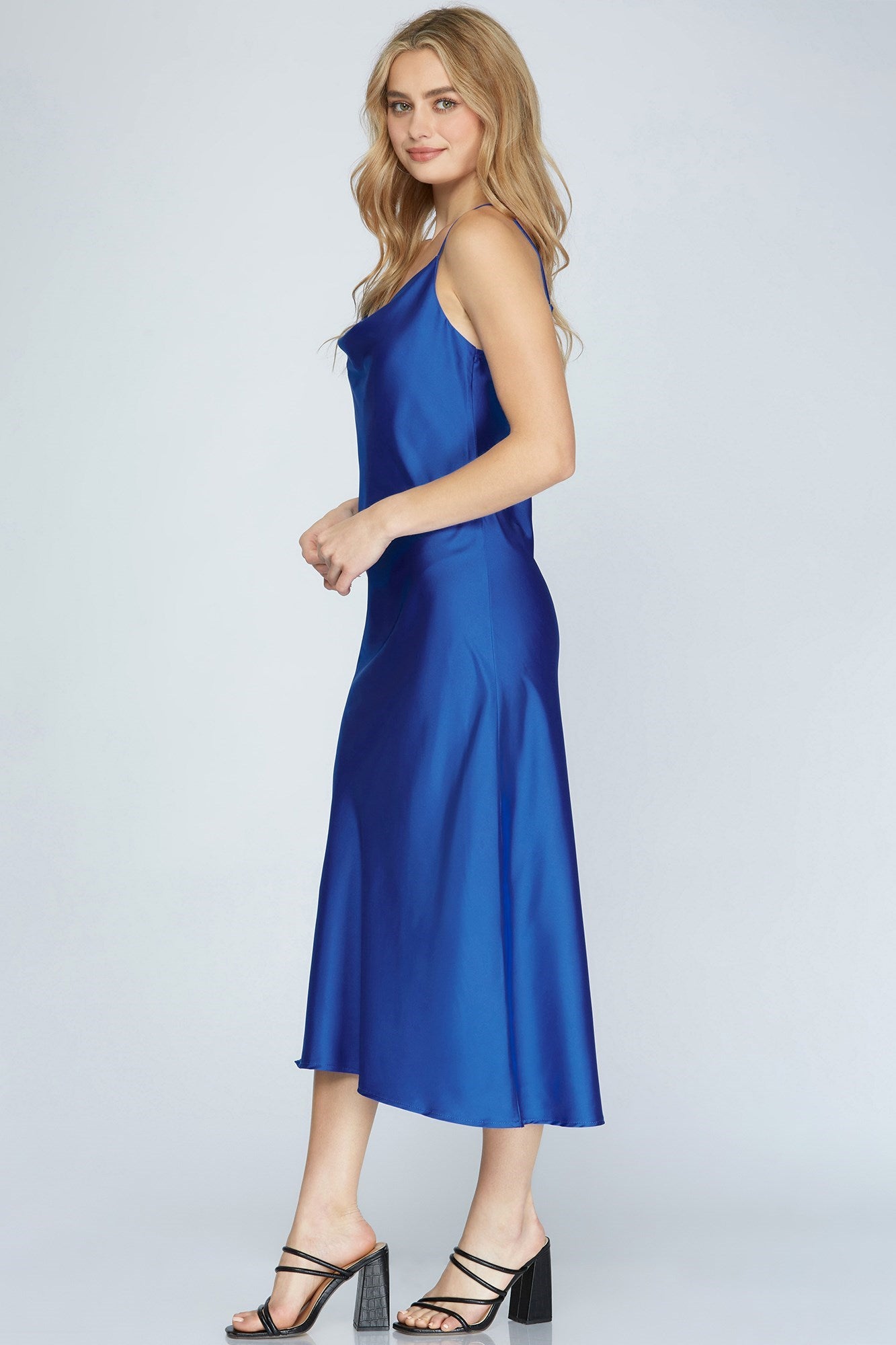 Cowl Neck, Satin Midi Dress - Blue-Dress- Hometown Style HTS, women's in store and online boutique located in Ingersoll, Ontario