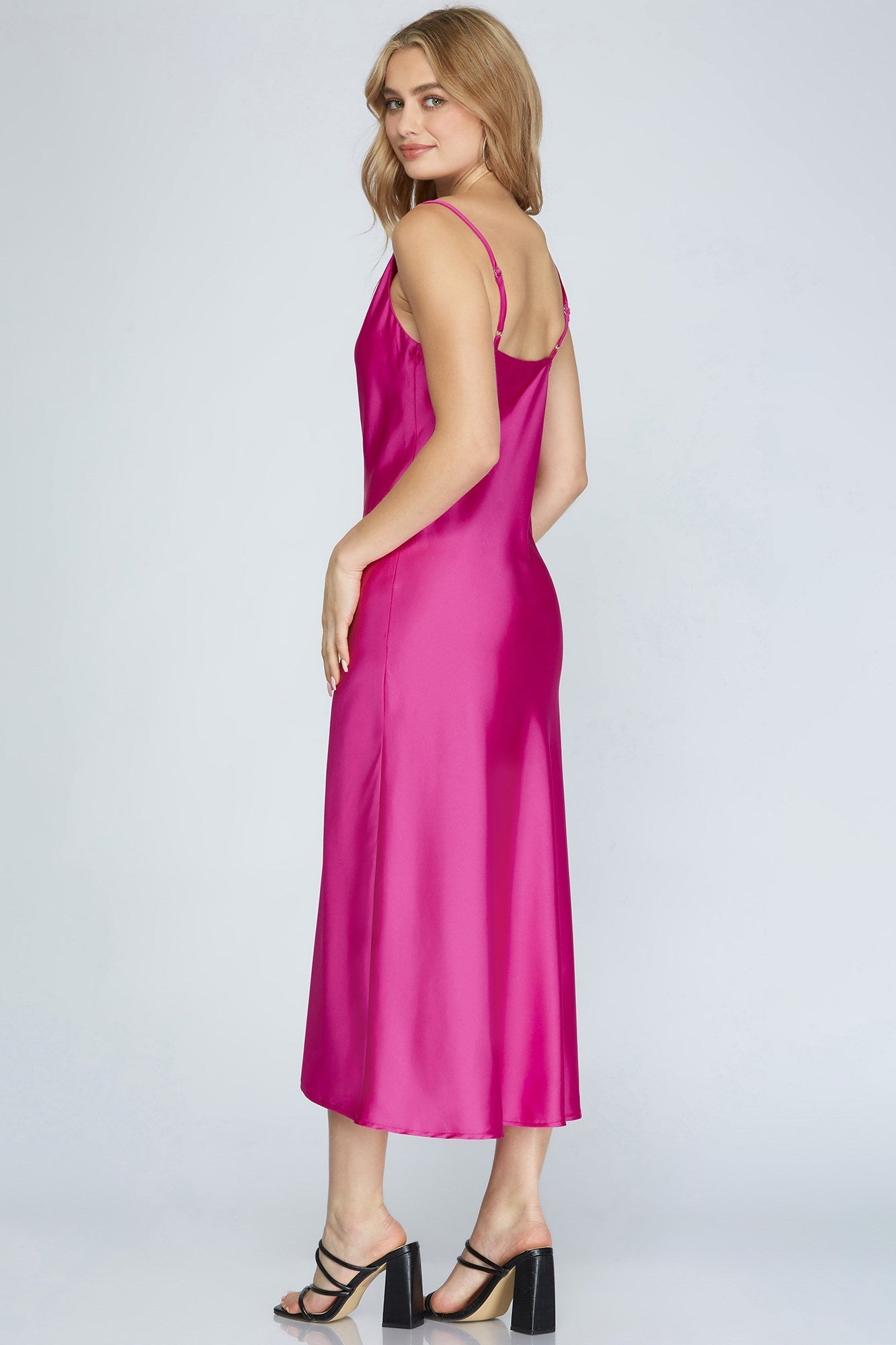 Cowl Neck, Satin Midi Dress - Magenta-Dress- Hometown Style HTS, women's in store and online boutique located in Ingersoll, Ontario