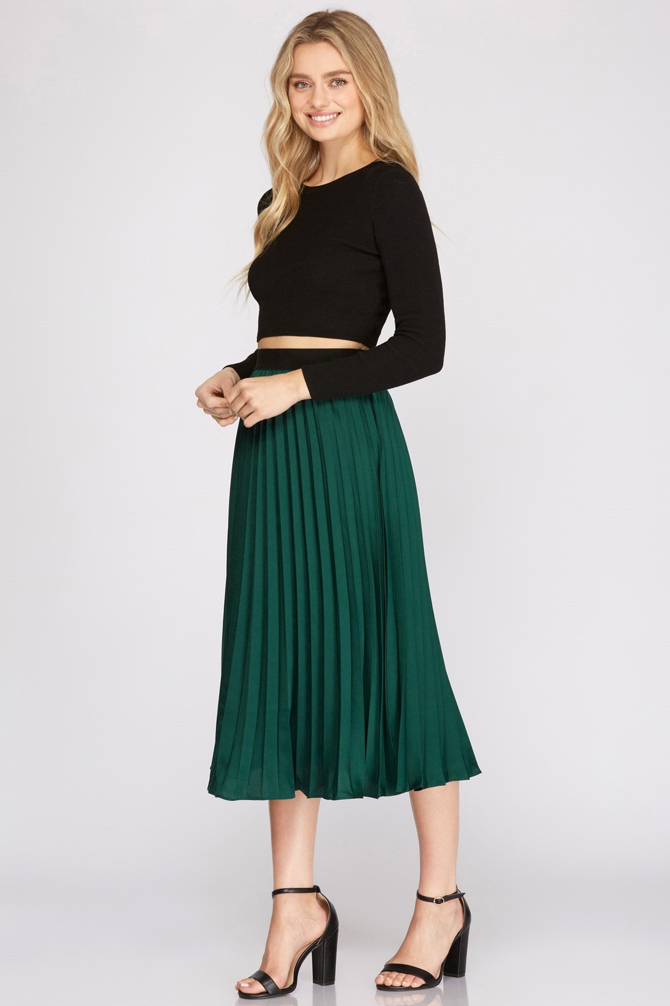 Pleated Satin Midi Skirt - Emerald-Skirt- Hometown Style HTS, women's in store and online boutique located in Ingersoll, Ontario