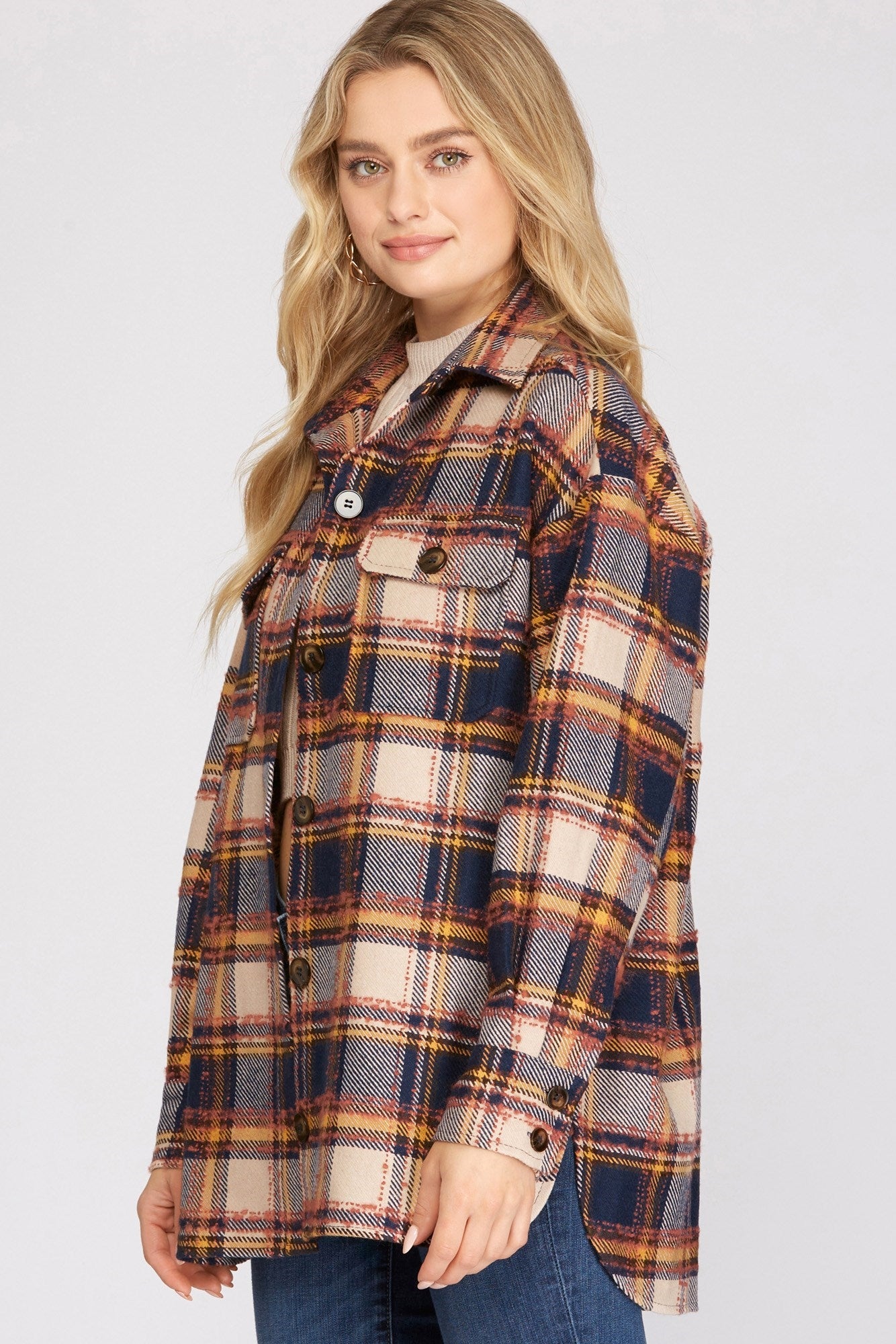 Woven Plaid Shacket - Navy-Shacket- Hometown Style HTS, women's in store and online boutique located in Ingersoll, Ontario