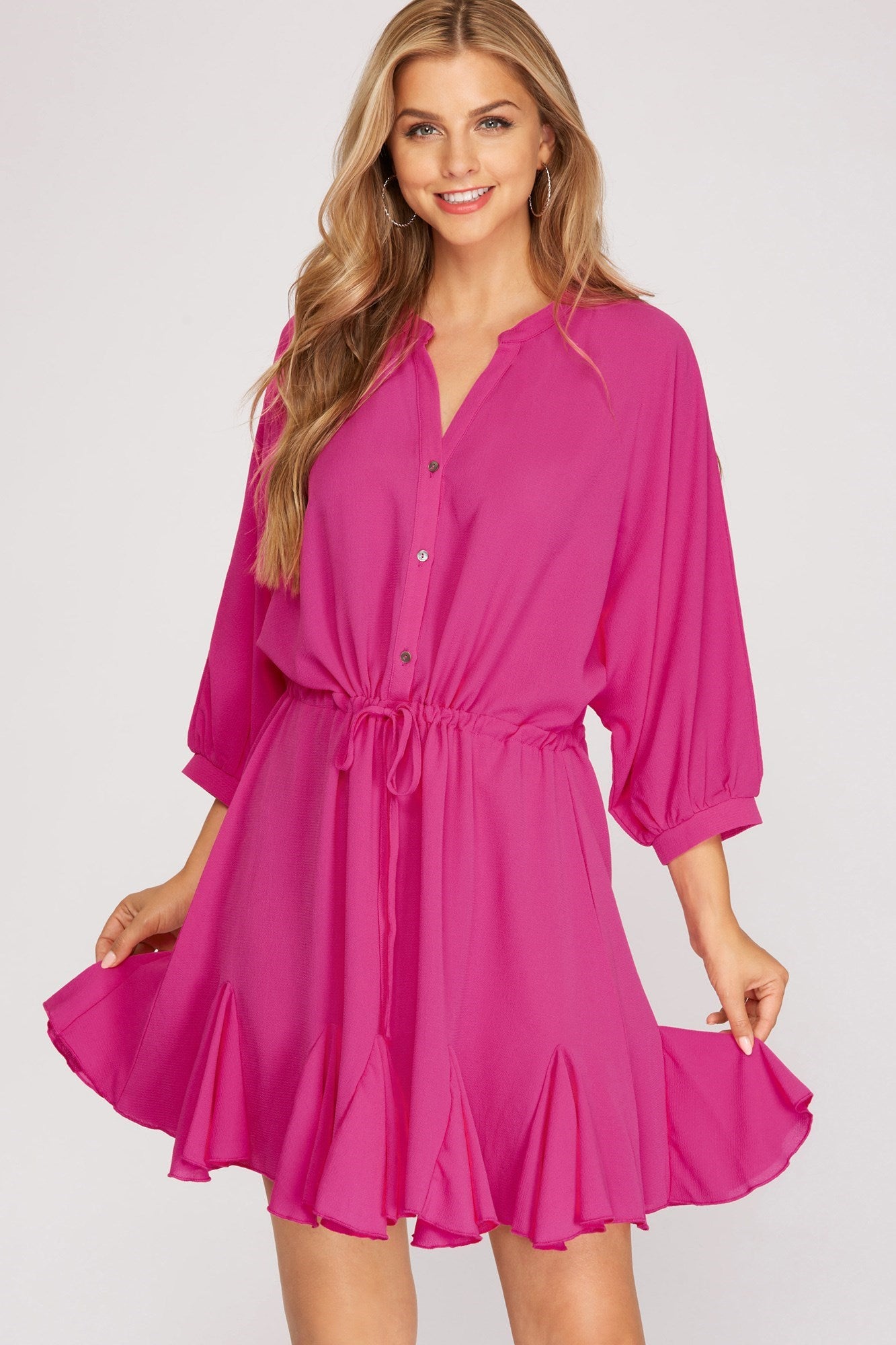 Button Down, Flounce Woven Dress - Pink-Dress- Hometown Style HTS, women's in store and online boutique located in Ingersoll, Ontario