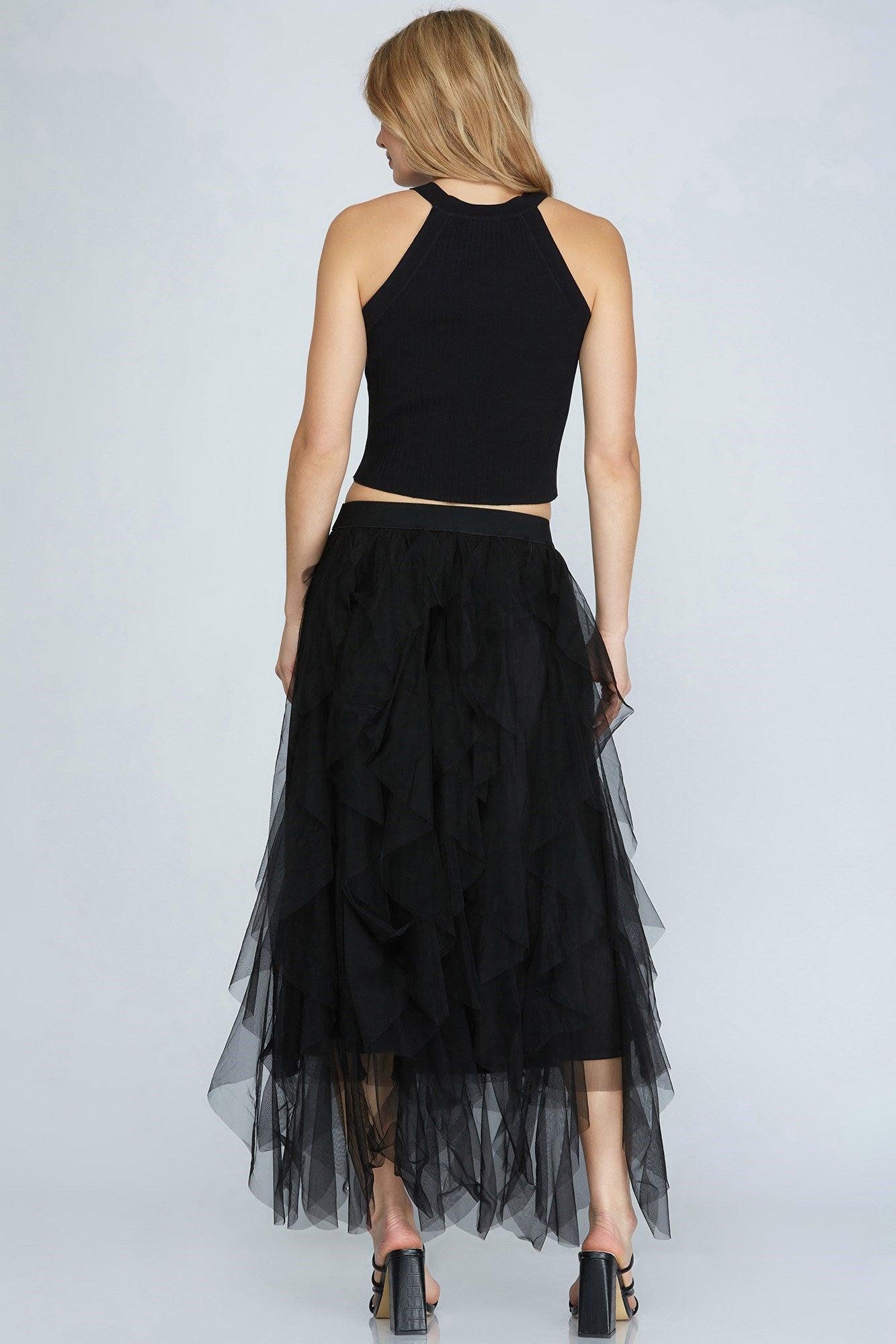Ruffle Asymmetrical Mesh Skirt - Black-Skirt- Hometown Style HTS, women's in store and online boutique located in Ingersoll, Ontario