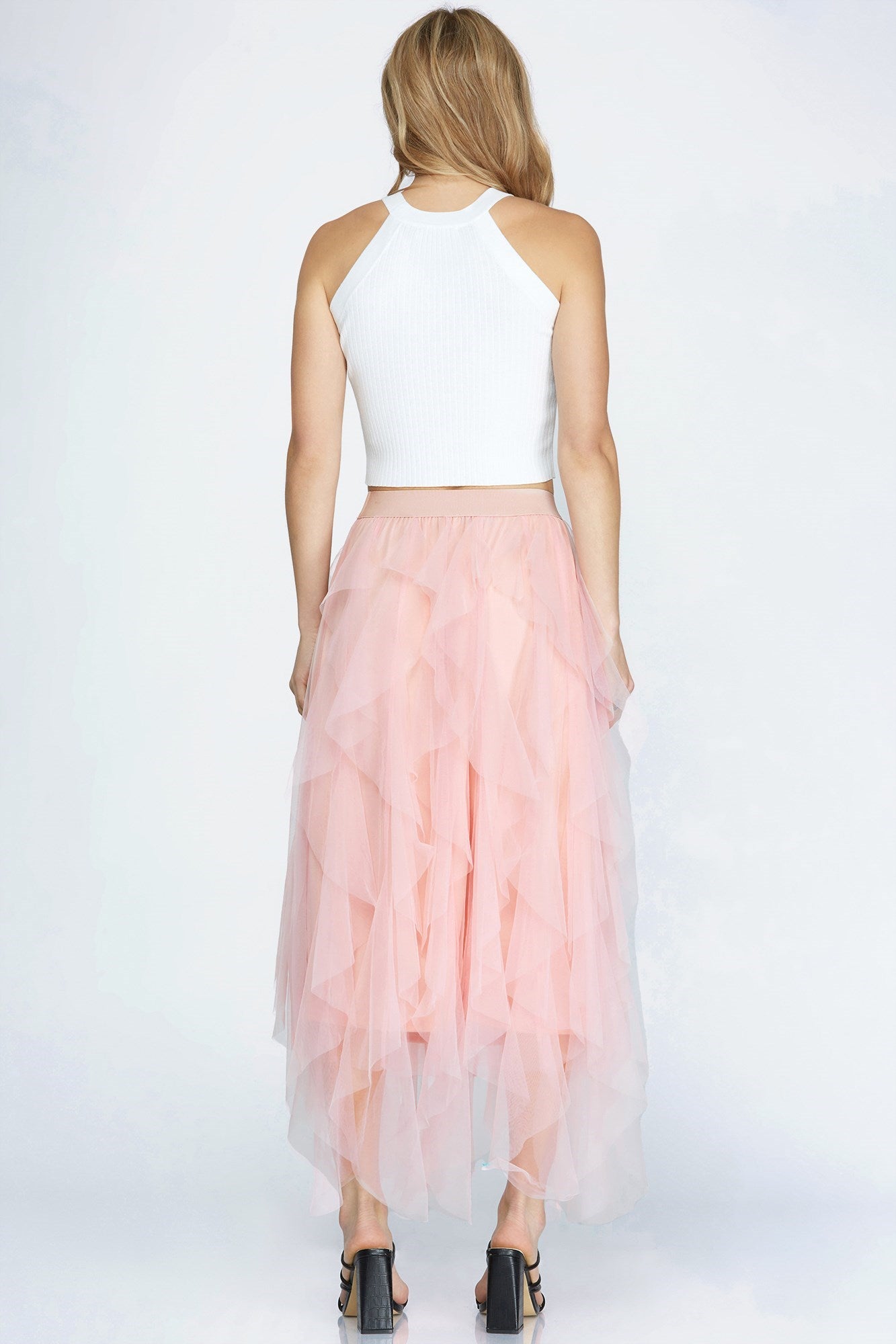 Ruffle Asymmetrical Mesh Skirt - Pink-Skirt- Hometown Style HTS, women's in store and online boutique located in Ingersoll, Ontario