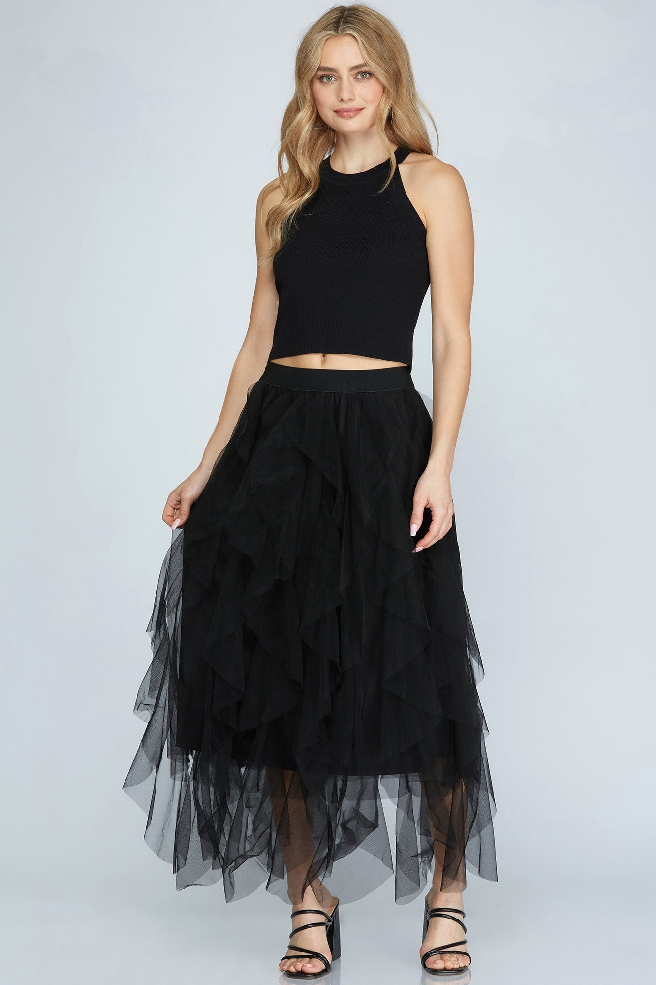 Ruffle Asymmetrical Mesh Skirt - Black-Skirt- Hometown Style HTS, women's in store and online boutique located in Ingersoll, Ontario