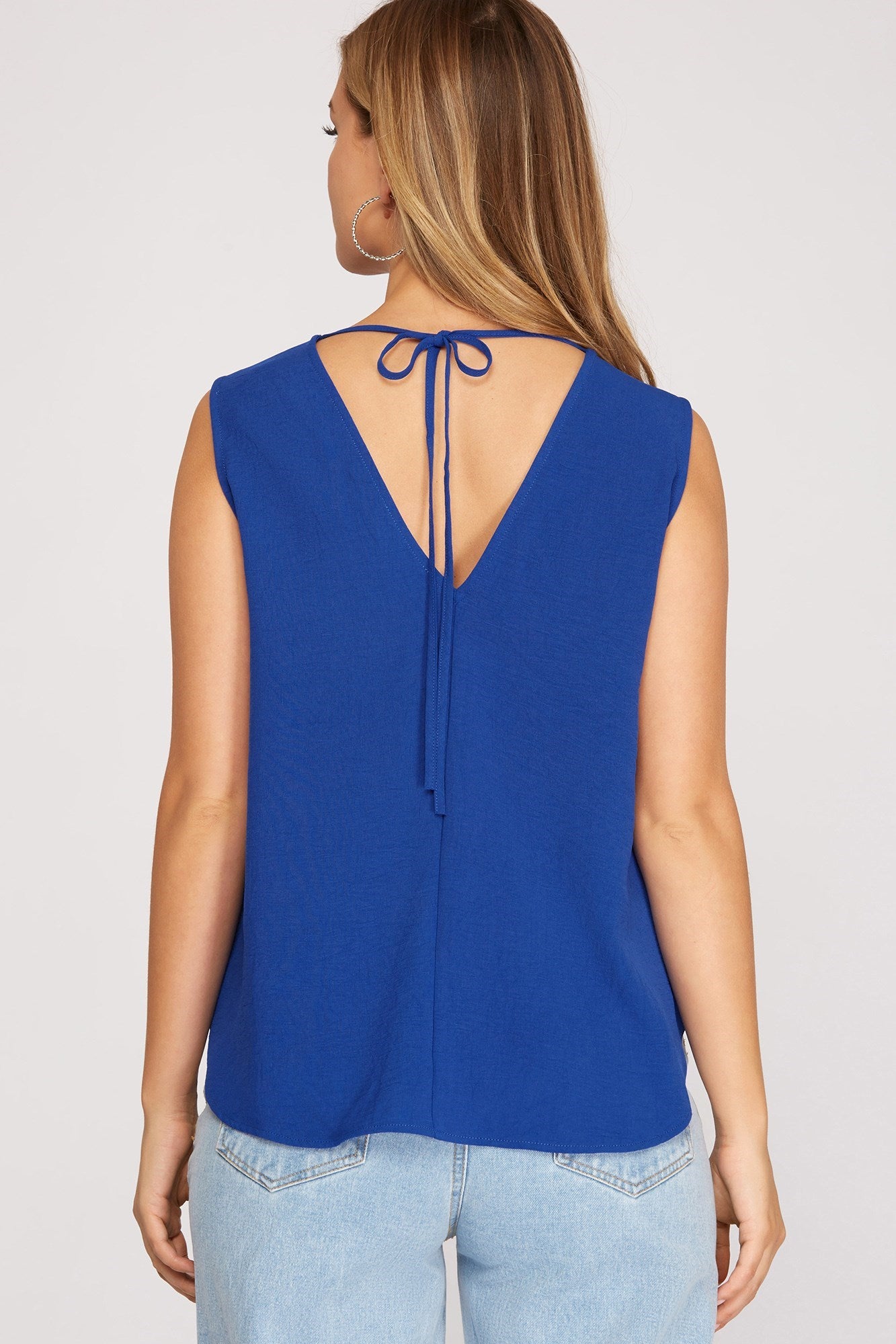 Sleeveless Surplice Blouse with Tie Back - Blue-blouse- Hometown Style HTS, women's in store and online boutique located in Ingersoll, Ontario