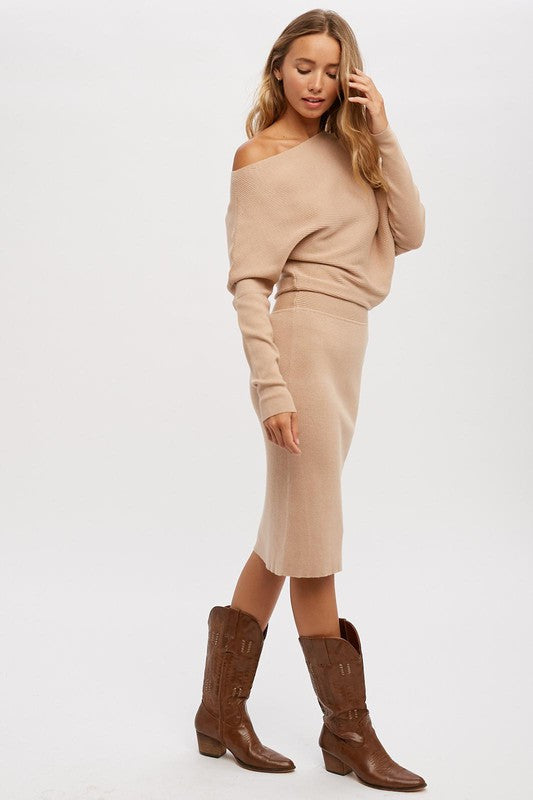 Open Shoulder Sweater Dress - Tan-Dresses- Hometown Style HTS, women's in store and online boutique located in Ingersoll, Ontario