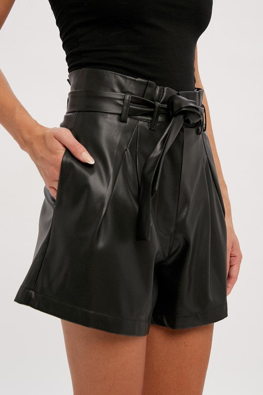 Vegan Leather Paperbag Shorts - Black-Shorts- Hometown Style HTS, women's in store and online boutique located in Ingersoll, Ontario