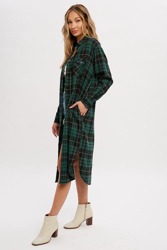 Long Plaid Shirt - Green-Shirts & Tops- Hometown Style HTS, women's in store and online boutique located in Ingersoll, Ontario