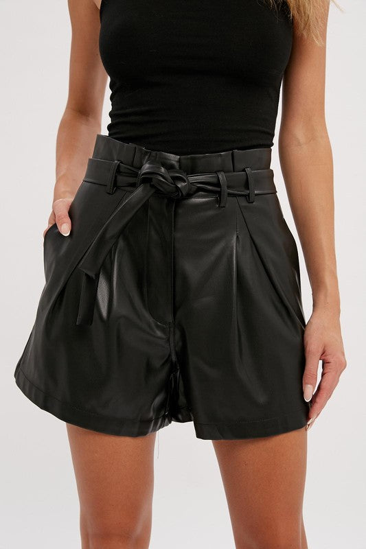 Vegan Leather Paperbag Shorts - Black-Shorts- Hometown Style HTS, women's in store and online boutique located in Ingersoll, Ontario